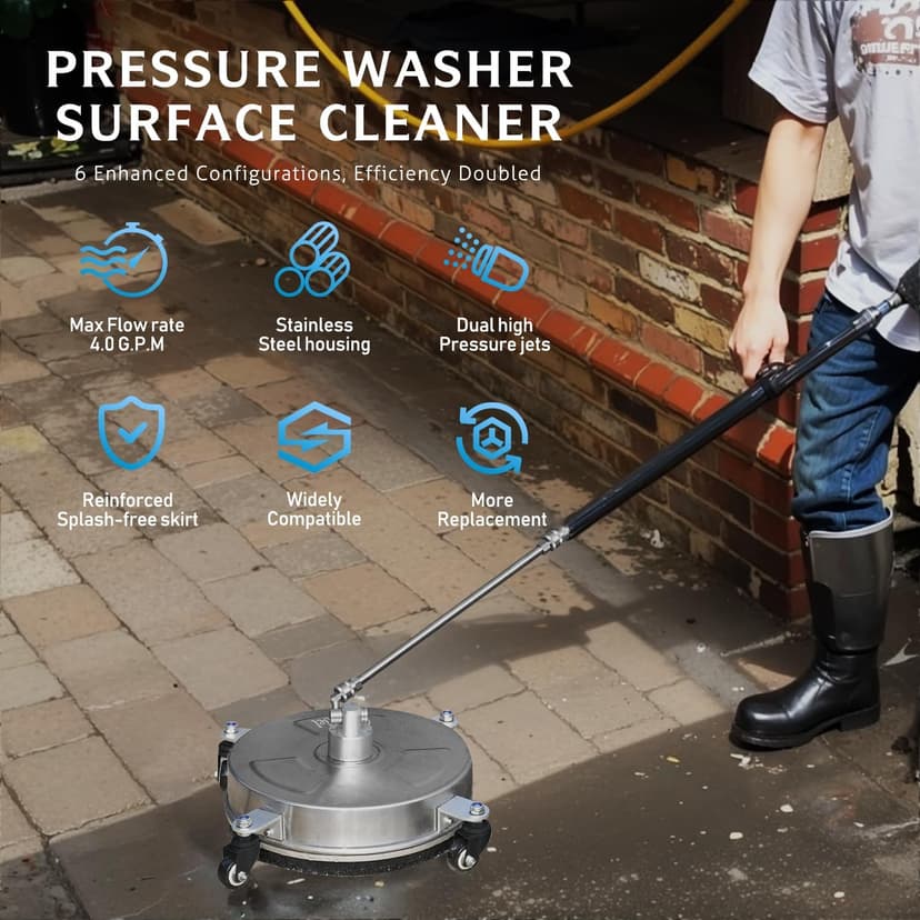 RAYNEL 14'' Pressure Washer Surface Cleaner with 4 Wheels, Stainless Steel Housing, 1/4" Quick Plug, 2 Extended Wands, 2 Replacement Nozzles