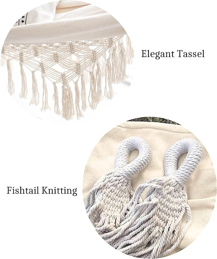 Xuanmuque Double Sized Boho Macrame Cream Hammock with Elegant Tassels and Fishtail Knitting 485Lbs Includes Tie Ropes and White Drawstring Bag for Women