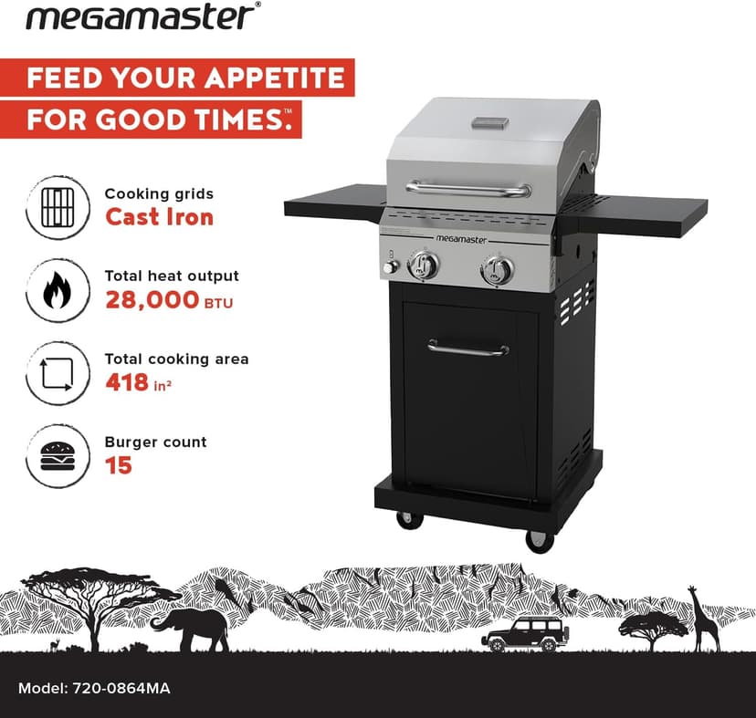 2-Burner Propane Barbecue Gas Grill with Foldable Side Tables, Perfect for Camping, Outdoor Cooking, Patio, Garden Barbecue Grill, 28000 BTUs, Silver and Black, 720-0864MA