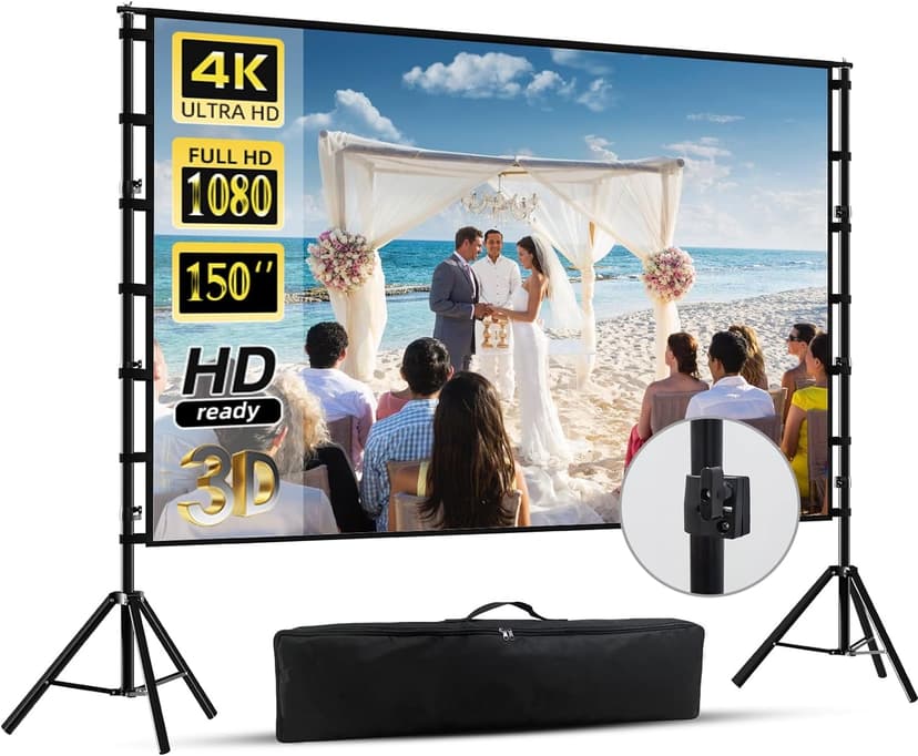 150"-Projector-Screen-with-Stand,HUANYINGBJB Outdoor Projection Screen, Portable 16:9 4K HD Rear Front Movie Screen with Carry Bag for Theater Backyard Movie Night,Cinema School, Churches, Parties