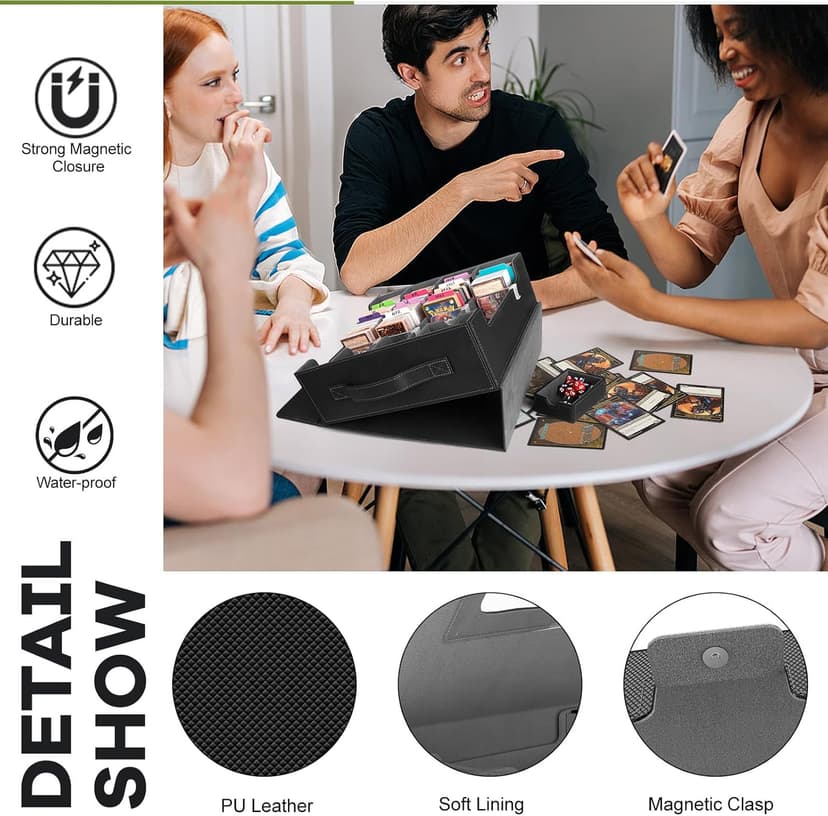 3200+ Trading Card Storage Box with Commander Display, 4-Row Card Deck Box with Portable Handle, Compatible for YuGiOh/MTG/TCG Cards, 30 Colorful Divider, 8 Supporters, 1 Dice Tray (Black & Grey)