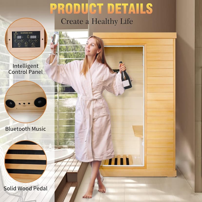 Far Infrared Sauna Home Sauna Spa Room Canadian Hemlock Wood 800W Indoor Saunas 110V with Control Panel and Tempered Glass Door, Room: 35.2 * 27.6 * 61.6Inch
