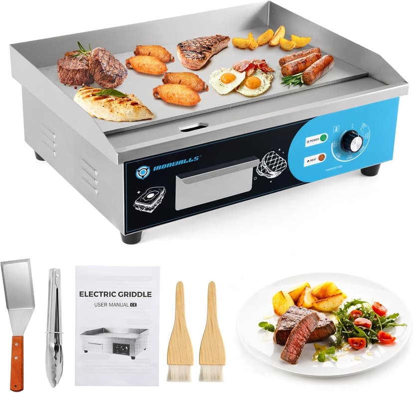 IRONWALLS Commercial Griddle Electric 22”, 3000W Electric Flat Top Grill, Stainless Steel Countertop Electric Griddle Nonstick with 122~572℉Adjustable Temperature Control for Restaurant Kitchen