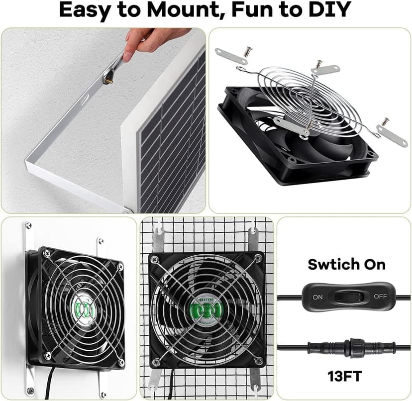 Solar Powered Fan, Solar Fan for Shed, Chicken Coop, Greenhouse, Outside with Two IPX7 Waterproof 5In Fans 13Ft On/Off Switch Cable Exhaust Intake Mounting Way and Installation Kits