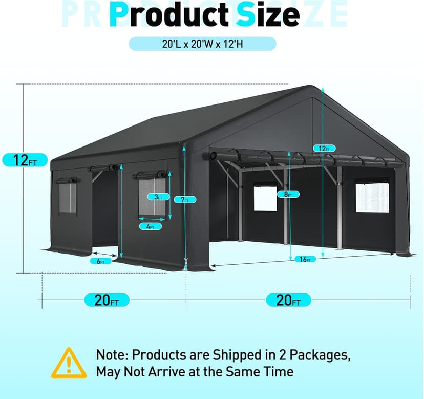 Bepatio 2 Car Carport, 20x20 Metal Carport Heavy Duty, Extra Large Car Port with Roll-Up Windows & Doors, Portable Garage Car Shelter All Weather