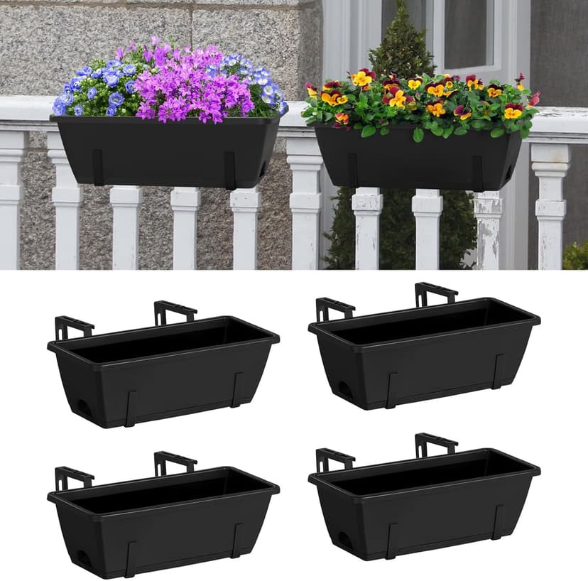 YBING Railing Planter Box 4 Pack Window Boxes Planter with Adjustable Brackets Deck Railing Hanging Flower Boxes 16.9 Inches Balcony Planters Black Fence Hanging planters for Outdoor