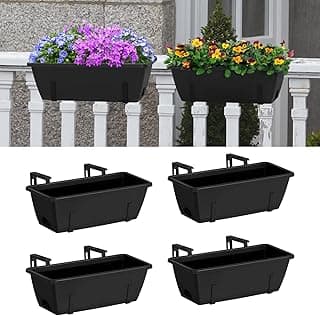 YBING Railing Planter Box 4 Pack Window Boxes Planter with Adjustable Brackets Deck Railing Hanging Flower Boxes 16.9 Inches Balcony Planters Black Fence Hanging planters for Outdoor