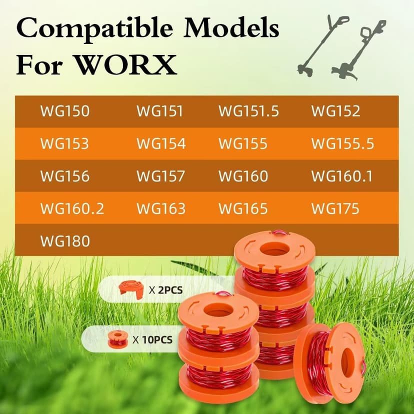 YMHB Trimmer Spool Line for Worx,12 Pack WA0010 Edger Spools Replacement for Worx, Trimmer Line Refills 0.065 inch for Worx, Suitable for Worx String Trimmers(10 Grass Trimmer Line, 2 Trimmer Cap)