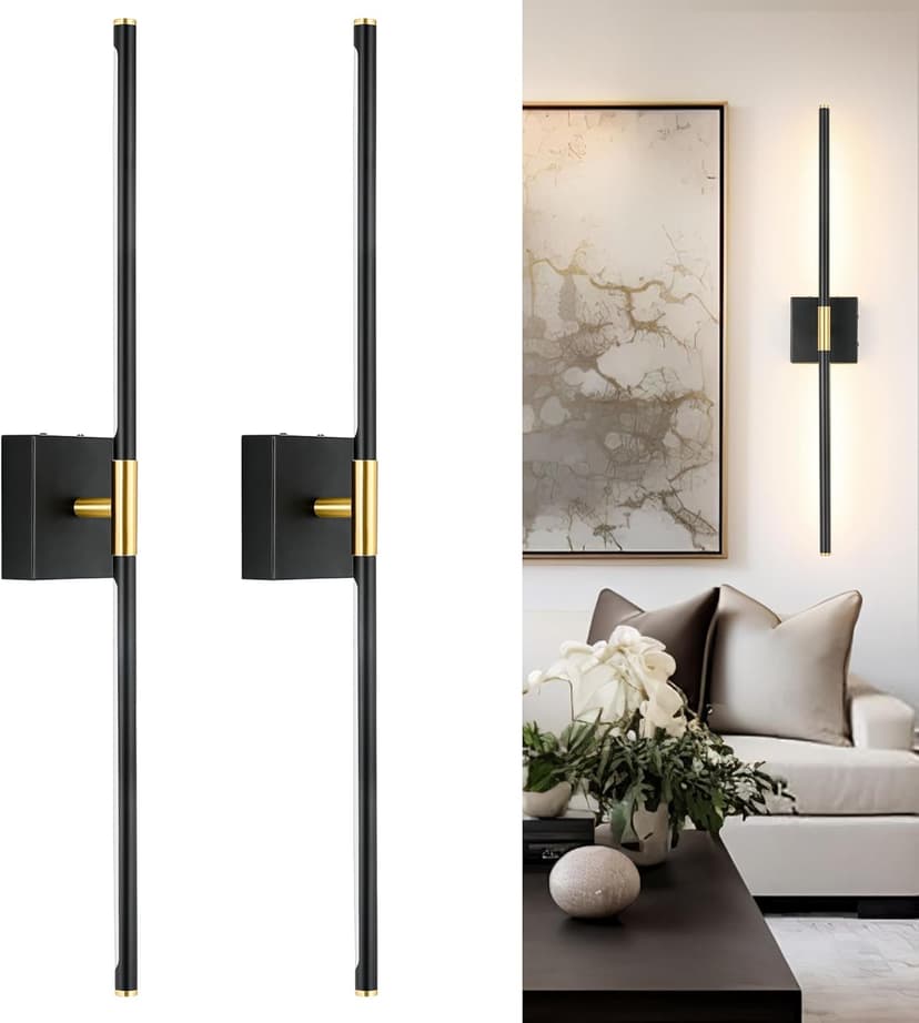 Wall Sconces Set of 2, Modern Hardwired Sconces Wall Decor, 24 Inch Dimmable Sconces Wall Lighting, Black Gold Wall Light Fixtures, 3000K LED Wall Lights for Bedroom, Living Room, Bathroom