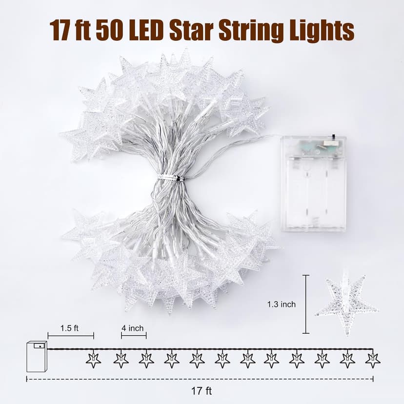 Minetom Star String Lights Battery Operated - 17 ft 50 LED Star Fairy String Lights with Timer, Waterproof for Indoor Bedroom Tent Loft Bed Patio Party Wedding Decor, Warm White