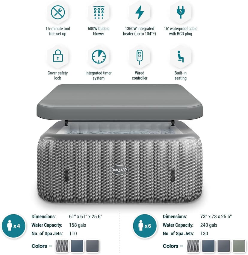 Pacific Energy-Efficient Hot Tub Bundle | 6-Person Inflatable Spa with Thermal Cover & Insulated Foam Mat | Gray Rattan