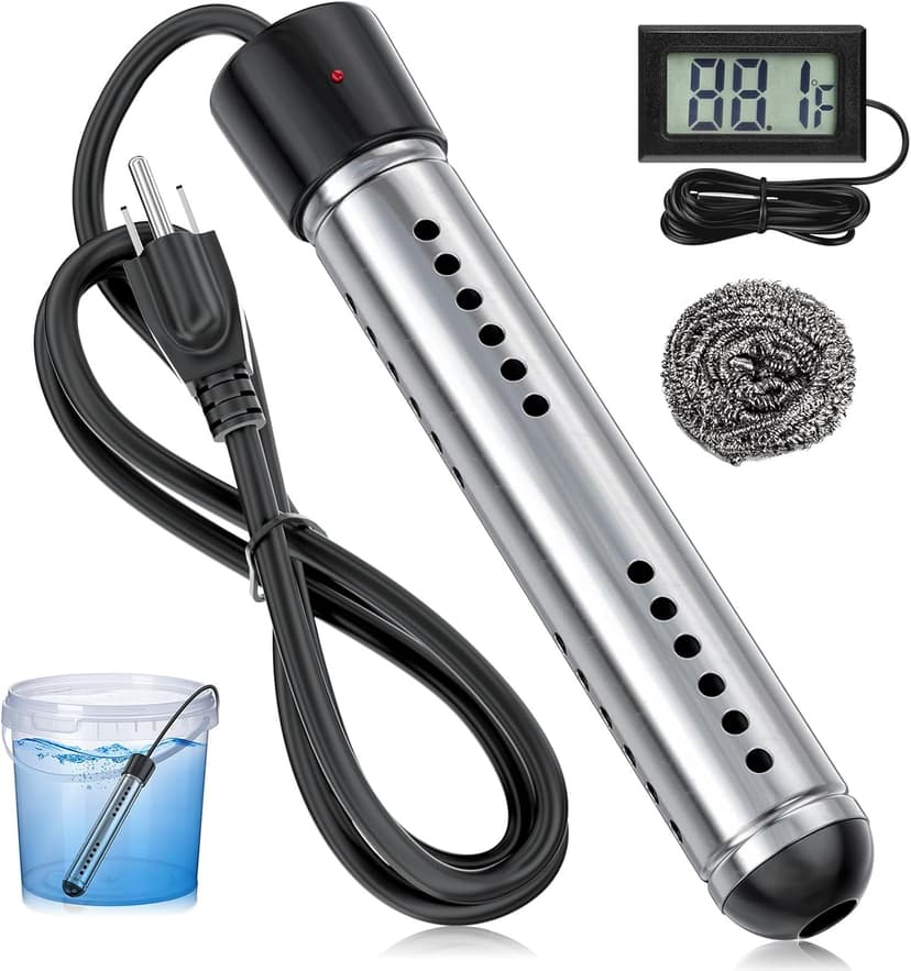 2000W Immersion Water Heater, Portable Water Heater Electric with Real-Time LCD Thermometer Control, with 304 SS Guard Fast Heats up 5 gallons Water in Minutes for Bucket, Basin, Bathtub, Small Pool
