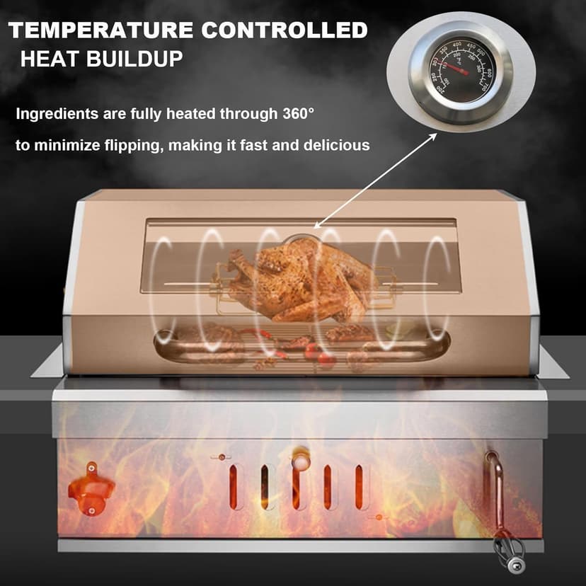 Built In Charcoal Grills Outdoor Kitchens,28-Inch Stainless Steel Charcoal bbq Grill Built In with Liftable Charcoal Tray,Insulated Hood, Temperature Gauge and Rain Fabric cover (Round Lid)