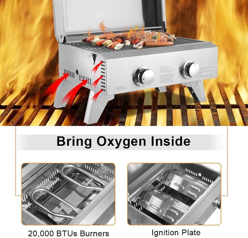 ROVSUN Portable Gas Grill with 2 Burner, 20,000BTU Large Tabletop Camping Propane Griddle for Outdoor Patio Garden BBQ Picnic Tailgating Trip Home Use with Stainless Steel Body, Regulator & Hose
