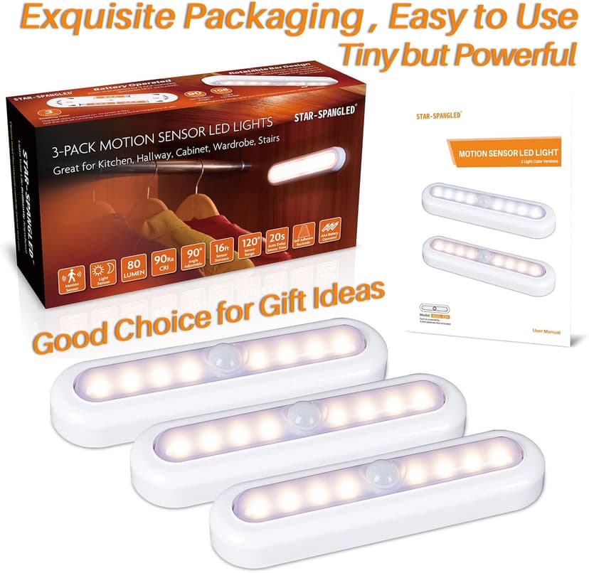 STAR-SPANGLED 3 Pack 7” Motion Sensor Lights Indoor Battery Operated, Stick on LED Light for Closet, Stairs, Under Cabinet, Warm White
