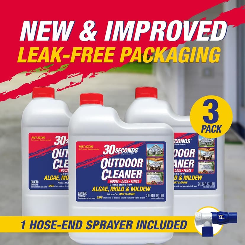 30 Seconds Outdoor Cleaner | Cleans Moss & Algae Stains from House, Vinyl Siding, Deck, Patio, Fence - 3 Capped Bottles, 1 Hose End Spray Attachment (64 Fl Oz (Pack of 3)