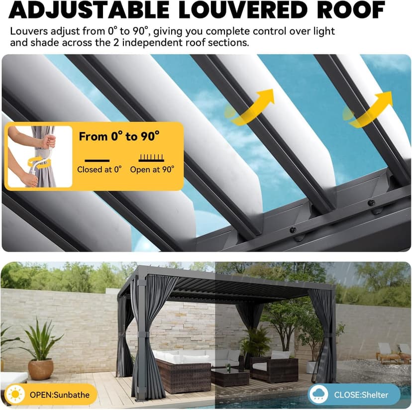 Louvered Pergola 10x12ft, Adjustable Aluminum Pergola with Waterproof Curtains and Nets, Sun & Rain Shade for Patio, Modern DIY Outdoor Living Upgrade, Dark Grey