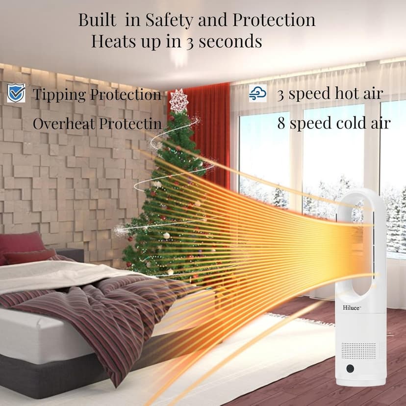 Oscillating All Season Bladeless Fan, 1400W Space Heater & 40W Cooler Fan Combo with Remote,Installation Free Quiet Fan,Tip-Over Switch80°Oscillating, 8 Speeds, 9H Timer,22 inch