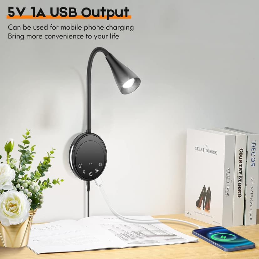 Wall Mounted Reading Light, Bedside Headboard Lights with 5 Dimming & Color Temperature, USB Output, Night Light & Timers Function, Flexible Gooseneck 3000K-6000K Upgrade Bed Lamp (Black)