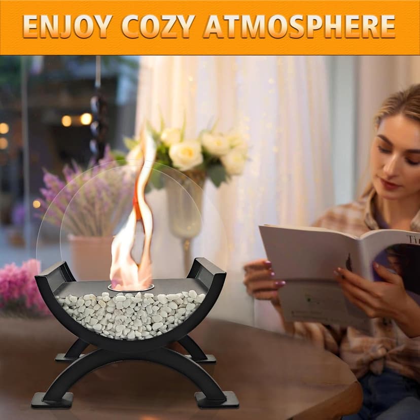 Round Glass Large Tabletop Fireplace 12.5" H Portable Fire Bowl Pot Clean Burning Bio Ethanol Ventless Fireplace for Indoor Outdoor Patio Parties Events(Black)
