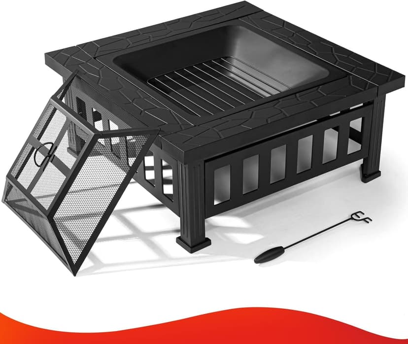 SINGLYFIRE 32 Inch Fire Pit Table for Outside Square Metal Firepit Outdoor Wood Burning Large Steel Bonfire Pit for Patio Backyard Garden with Waterproof Cover,Spark Screen,Log Grate,Poker
