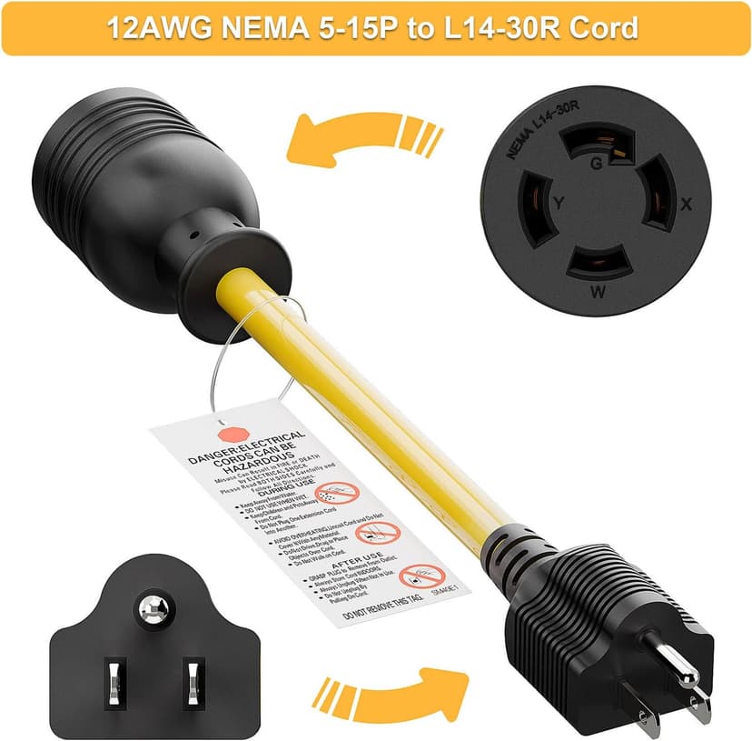 NEMA 5-15P to L14-30R Power Adapter Cord, WINXUS Household 15Amp to Generator Lock in 30Amp Adapter Cord, 3 Prong to 4 Prong Generator Transfer Switch Converter, STW 12AWG,1FT