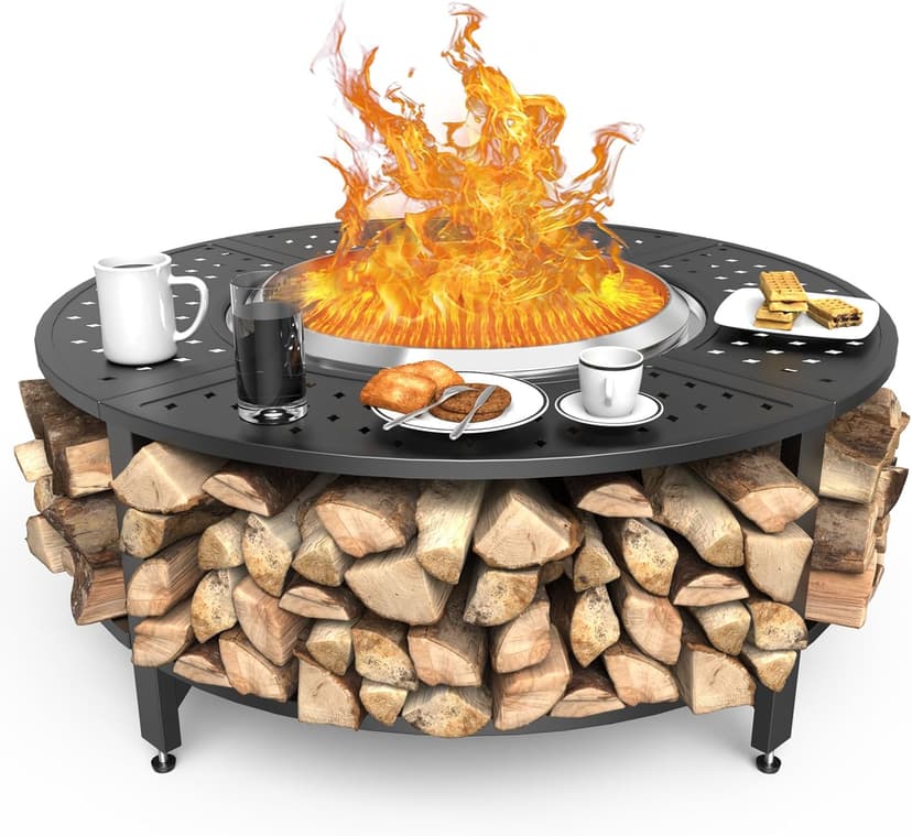 Uniflasy 48" Fire Pit Surround Tabletop for Solo Stove Yukon/Bonfire & Tiki, Powder-Coated Steel Surround Table with Firewood Storage Shelf for Safety & Extra Space, Outdoor Smokeless Fire Pit Table