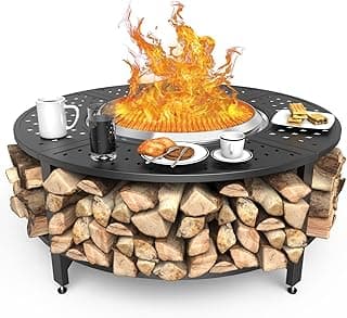 Uniflasy 48" Fire Pit Surround Tabletop for Solo Stove Yukon/Bonfire & Tiki, Powder-Coated Steel Surround Table with Firewood Storage Shelf for Safety & Extra Space, Outdoor Smokeless Fire Pit Table