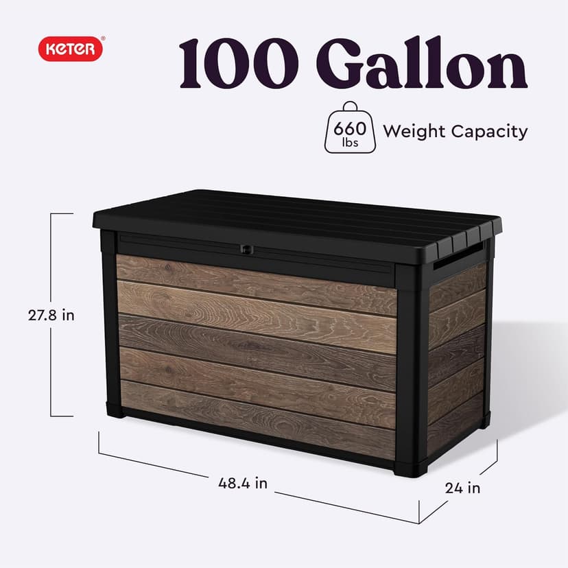 Keter Signature Collection 100 Gallon Resin Deck Box Organization and Storage Box for Patio Outdoor Cushions, Throw Pillows, Garden Tools and Pool Supplies, Walnut