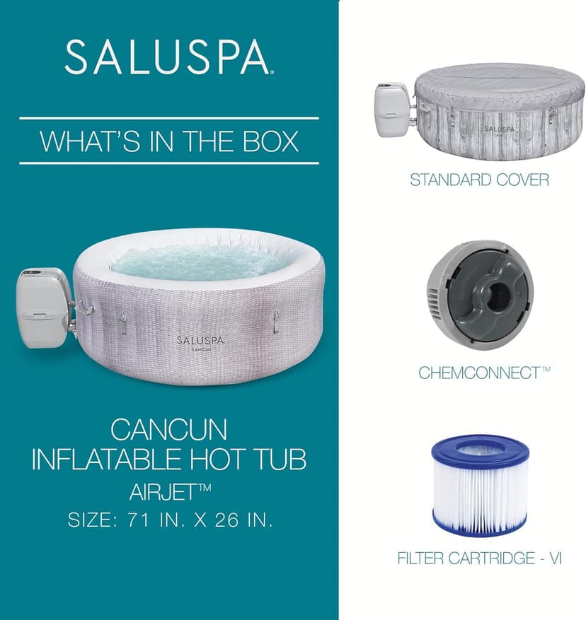 Bestway SaluSpa Cancun AirJet 2 to 4 Person Inflatable Hot Tub, 71 x 26 Inch Round Portable Outdoor Spa with 120 Soothing Jets and Cover, Gray
