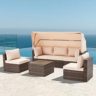 Patio Furniture Set 6 Pieces Outdoor Furniture Patio Conversation Sets with Adjustable Canopy & Backrest PE Ratten Wicker Sectional Sofa Chair with Coffee Table for Outside Porch Poolside Deck