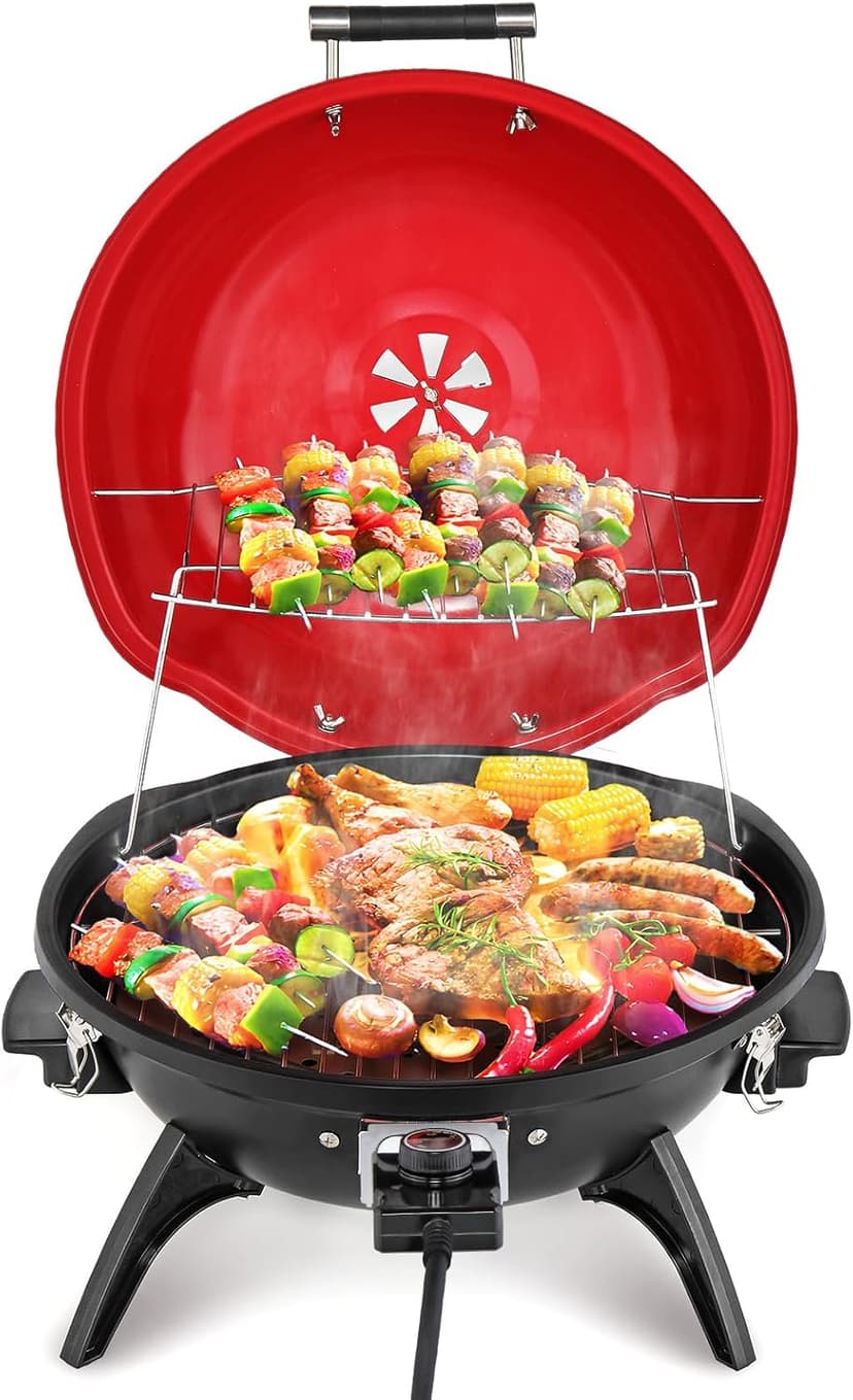 ROVSUN Tabletop Electric Grill with Temperature Control, Double Layer Design, 304 stainless, Portable Removable -Perfect Small Stove for Indoor and Outdoor BBQ, 1600W, Red