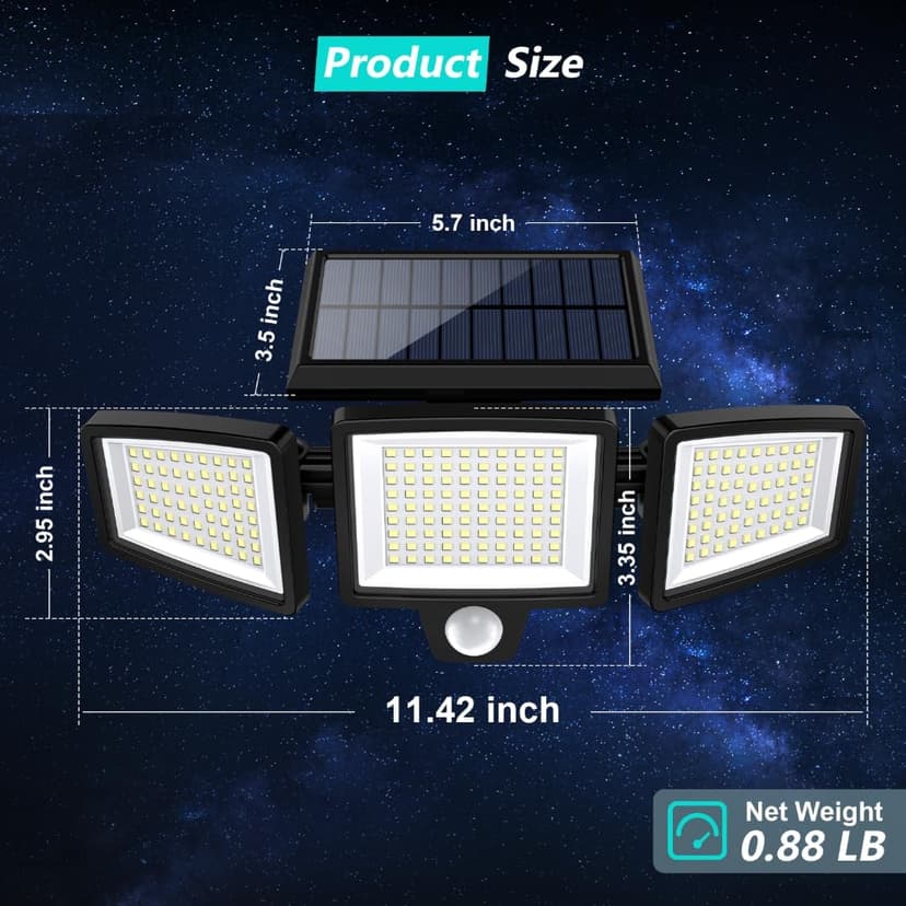 Tuffenough Solar Outdoor Lights 2500LM 210 LED Security Lights with Remote Control,3 Heads Motion Sensor Lights, IP65 Waterproof,270° Wide Angle Flood Wall Lights with 3 Modes(4 Packs)
