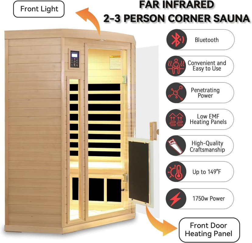 2-3 Person Corner Sauna, Infrared Saunas for Home, Chromotherapy, Canadian Hemlock Sauna, Indoor Sauna with Red Light Therapy