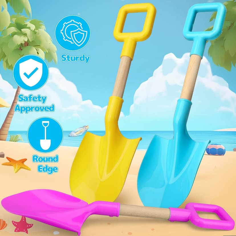 Beach Sand Toys 16" Shovels for Kids Adults, 16 Inch Spade Scoop Gardening Tools, Sandbox Kit Wood Handle Spade for Garden Outdoor Snow Backyard Summer 3 Gift Pack Pink Yellow Blue