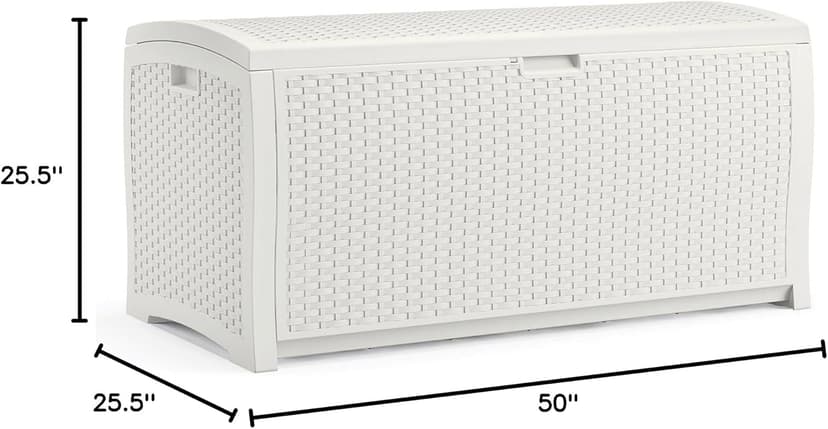 Suncast 99 Gallon Wicker Horizontal Outdoor Deck Box with Hinged Lid, Water-Resistant Storage Solution for Patio, Deck, Yard, and Garage, White, Made in the USA