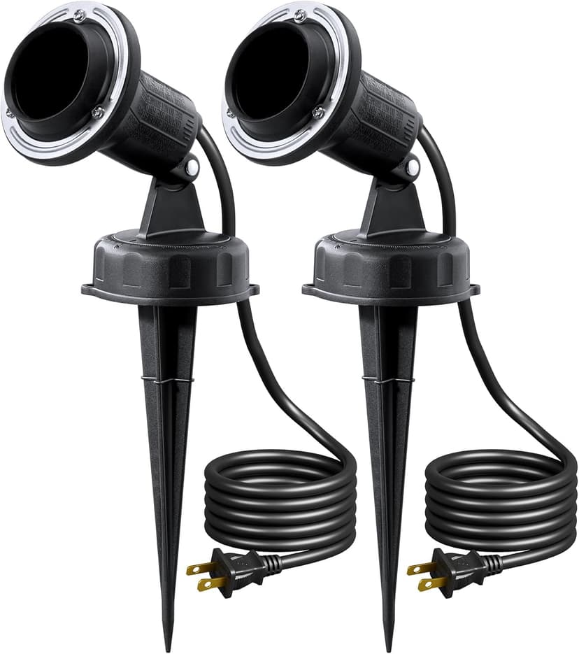 EDISHINE 120V Spotlights Outdoor, Plug in Outdoor Flood Stake Lights, Waterproof Landscape Lights Socket, 6FT Extension Cord, E26 Base,180° Adjustable Head, UL Listed, 2 Pack