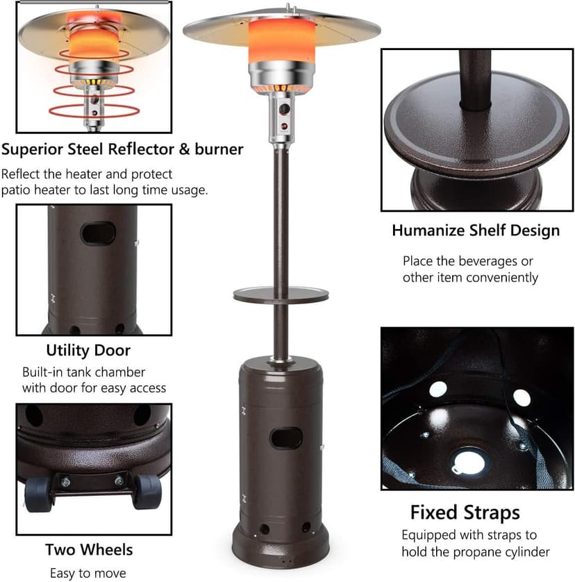 Tangkula 48,000 BTU Propane Patio Heater with Wheels, Outdoor Heaters for Patio with Shelf Tabletop, Stainless Steel Burner, Auto Shut Off & Tip-Over Protection, Portable Patio Heaters for Outdoor Use