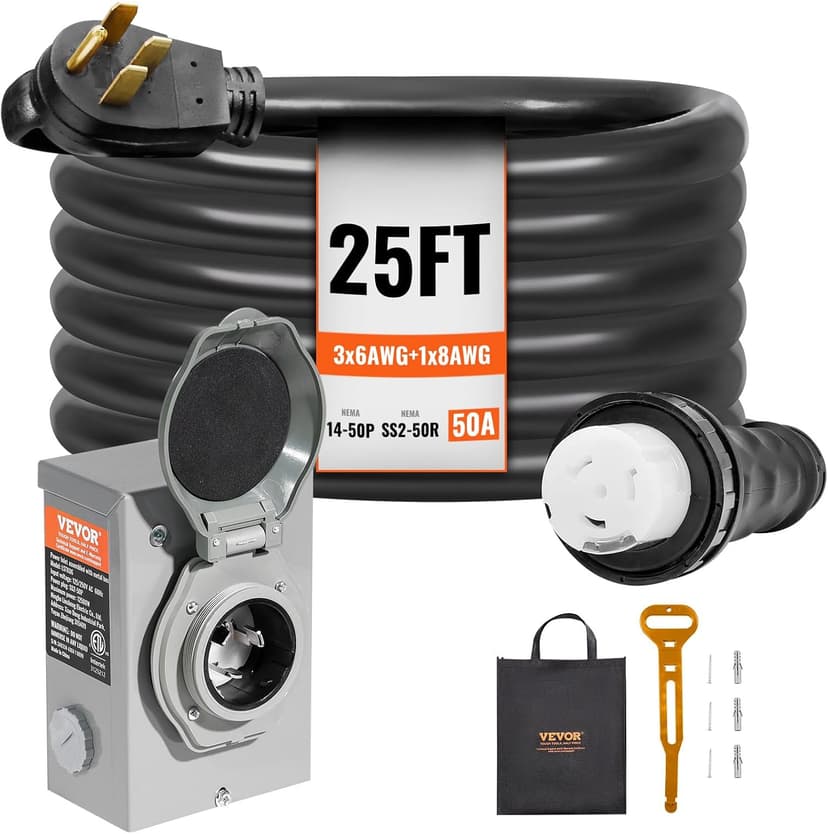 VEVOR 50 Amp Generator Cord and Power Inlet Box Kit, 25FT Generator Extension Cord NEMA 14-50P/SS2-50R STW 6/3+8/1 AWG with Twist Lock Connector, Pre-Drilled Inlet Box, ETL Listed