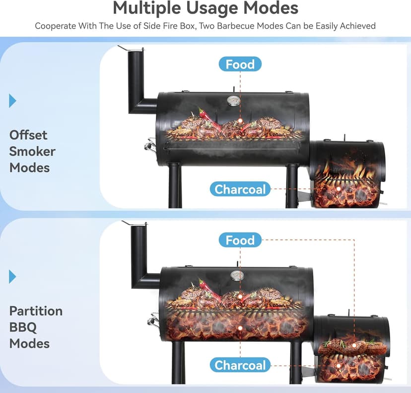 GREEN PARTY BBQ Charcoal Grill with Offset Smoker, 2 in 1 Smoker and Charcoal Grill combo, 512 Square Inch Space Barrel Charcoal Smoker Grill for Outdoor Camping Patio Backyard Cooking, Medium