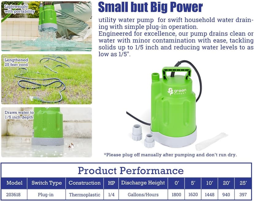 Green Expert 1/4HP Submersible Sump Pump 25-Foot Power Cord High Flow 1800GPH for Water Removal Household Drainage Utility Pump Easy to Use in Pools Hot Tub Flooded House Suit to Garden Hose