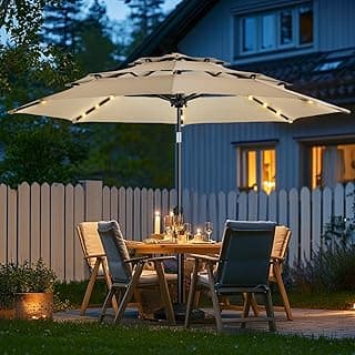 wikiwiki 9FT 3Tiers Solar Led Patio Umbrella, Sturdy Outdoor Market Umbrella for Deck, Pool, Garden w/Tilt, Crank, 32 LED Lights, Beige