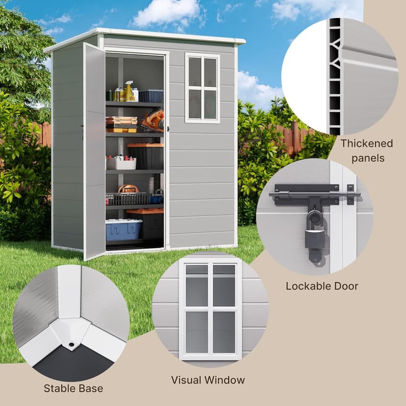 Gizoon 5X3 FT Resin Outdoor Storage Shed, Plastic Garden Sheds with Floor to Store Patio Furniture, Gardening Tools, Outside Patio Storage House with Lockable Door for Backyard, Lawn, Grey