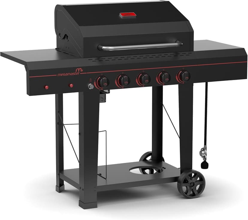 720-0982 5 Burner Propane Barbecue Gas Grill, Side Shelves with Hooks, for Outdoor Cooking, Patio, Garden Barbecue Grill, 50000 BTUs, Open Chart, Black