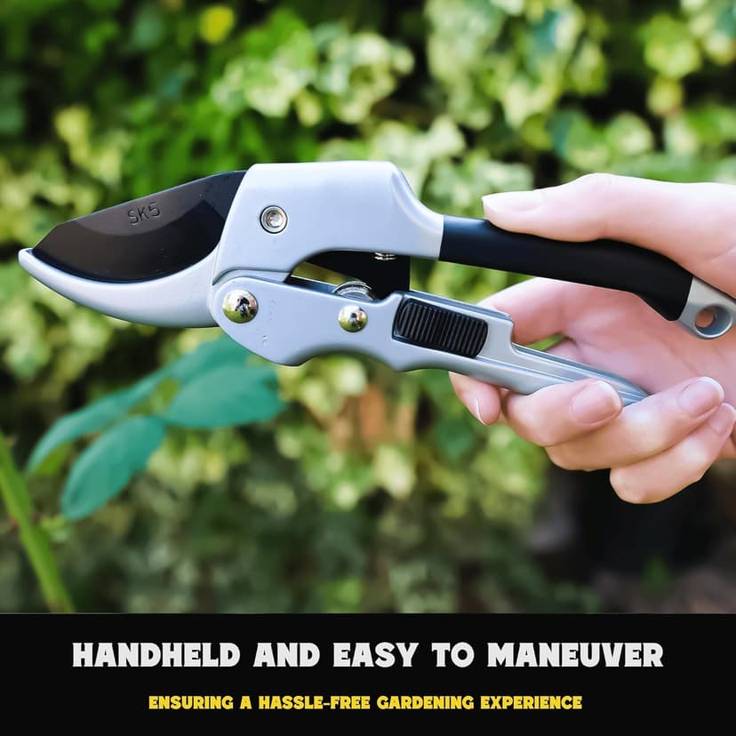 Ratchet Pruning Shears for Gardening Heavy Duty SK5 Japanese Steel Titanium coated Blades 3X Easier Cutting Ideal for Weak Hands & Arthritis. Anvil Pruner, Secateurs, Hedge Shears, Best Garden Gifts