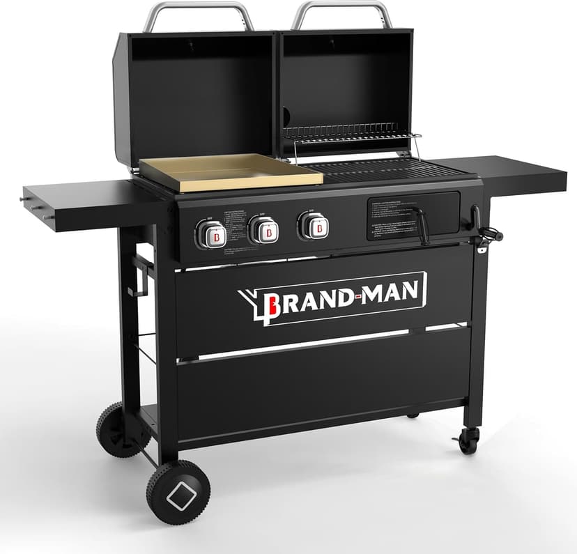 Brand-Man Propane Gas and Charcoal Grill Combo,Grill and Griddle Combo Dual Fuel BBQ Grill with Dual Lids for Outdoor Barbecue, Black