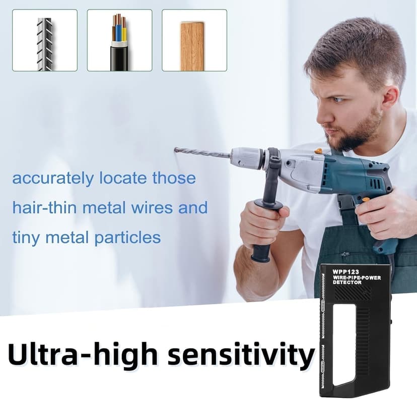 Model WPP123, High-Sensitivity Wall Scanner & Metal Detector - Adjustable Alert for Pipes and Wires - Multifunctional Stud Finder for Adults - Durable Plastic Design(Black)
