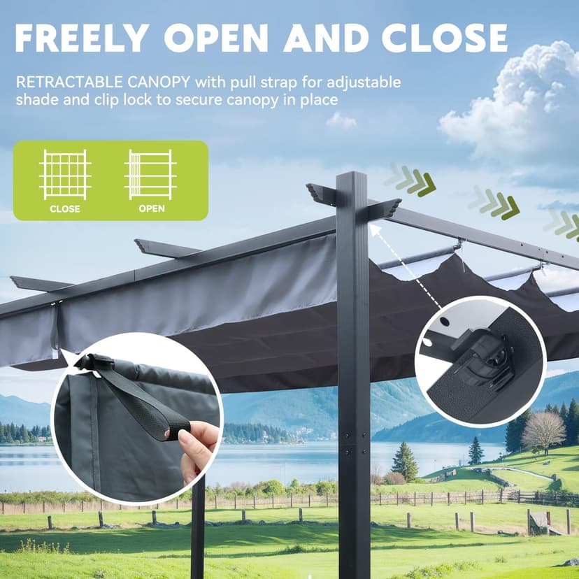 EROMMY Outdoor Retractable Pergola 10' x 13', Outdoor Aluminum Freestanding Shelter with Adjustable Sun Shade Canpoy for Patios, Dark Gray