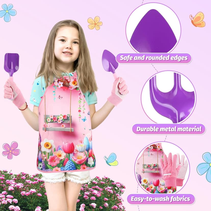 Kids Gardening Tool Set - Garden Tools for Kids with Shovel Trowel Rake Apron Gloves Watering Can and Tote Bag, Outdoor Toys Great Gifts for 3 4 5 6 7 8+ Years Old Girls (Flower Style)