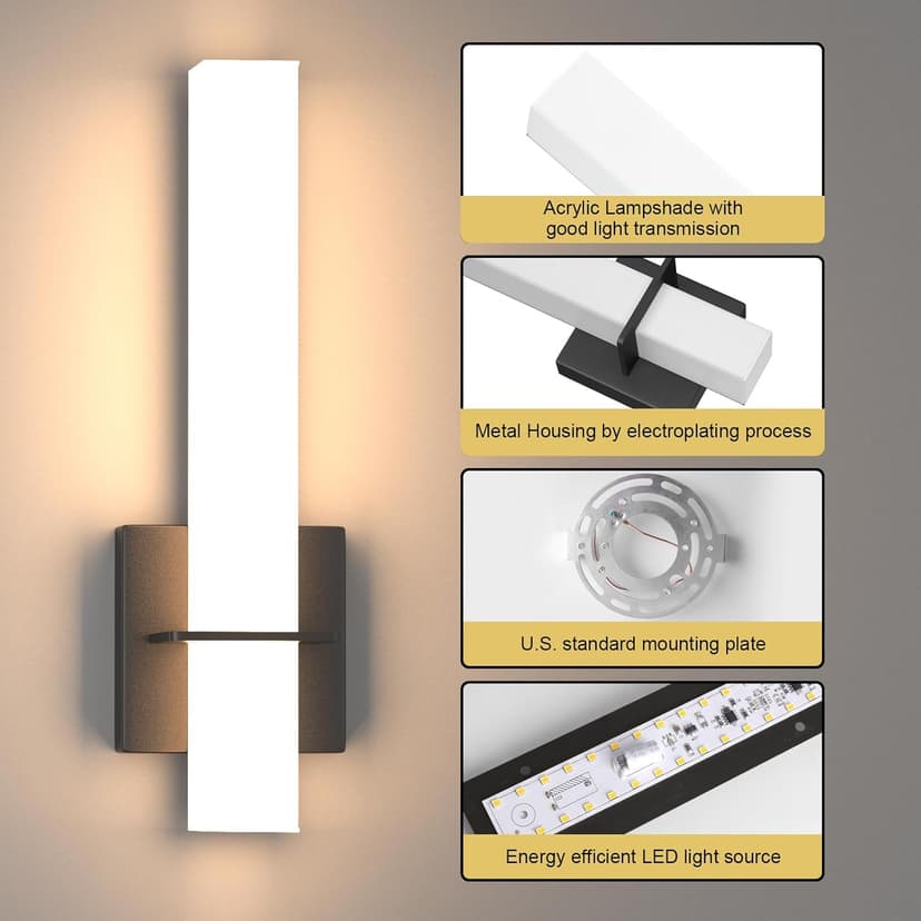 Modern LED Wall Sconces Set of Two,18W 3000K Dimmable LED Sconces Wall Lighting,Bathroom Vanity Light Fixture Acrylic Shade,Hardwired Wall Light Fixtures for Living Room Bedroom Hallway(Black)